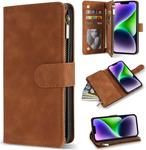 ZZXX Funda tipo cartera para iPhone 14 Plus con [Bloqueo RFID] Ranura para tarjetas Cuero PU suave premium con cremallera tipo folio plegable con