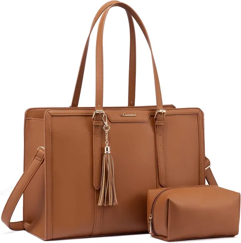 Miniatura 31 de LOVEVOOK Bolsa para laptop para mujer, bolsa de lona ligera de 15.6 pulgadas, bolsa grande para computadora, con bolso de mano, para negocios, Beige