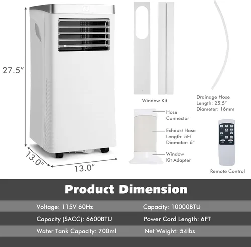 Miniatura 5 de LDAILY Aire acondicionado portátil de 10000BTU con control remoto, enfriador de aire 3 en 1 con 3 modos y 2 velocidades de viento, función