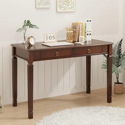 Miniatura 12 de Escritorio de madera maciza para computadora con 2 cajones de almacenamiento, mesa de tocador tradicional, escritorio pequeño de oficina en casa