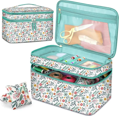 Miniatura 8 de FINPAC Estuche organizador y almacenamiento de accesorios de costura, kits de costura de doble capa con cojín de pasador de muñeca para hilos