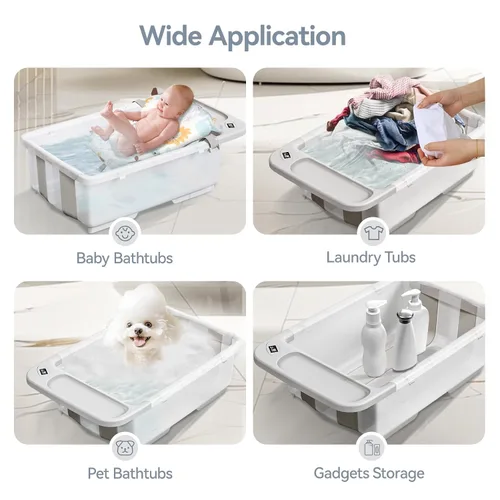 Miniatura 7 de Bañera de bebé plegable - Tina de baño de gran capacidad con termómetro y almohadilla suave Bañera portátil de viaje para recién nacidos e