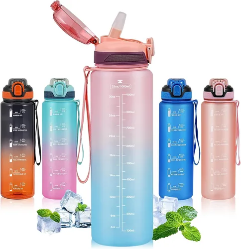 Miniatura 13 de Botella de agua deportiva con popote, botellas de agua de 32 onzas con marcador de tiempo para niños y niñas, botella de agua simple y moderna
