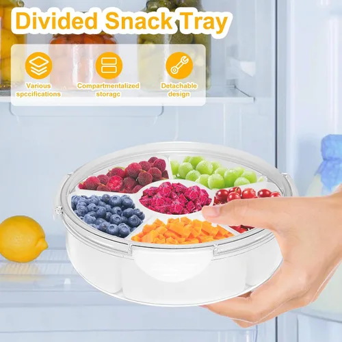 Miniatura 5 de Qivine Bandeja de verduras con tapa para refrigerador, bandeja portátil para verduras con tapa y inmersión, 6 compartimentos divididos bandeja