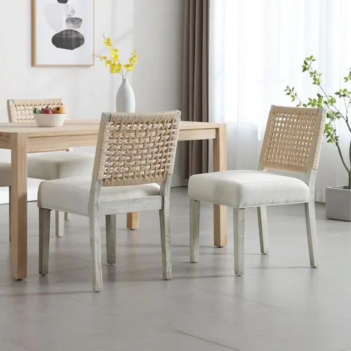 Miniatura 4 de LZAREAL Juego de 4 sillas de comedor estilo granja, con tapizado de tela de lino, sillas laterales decorativas, estilo moderno de mediados de siglo