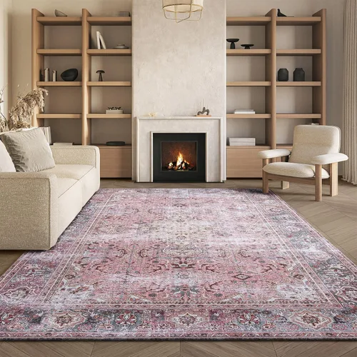 Miniatura 7 de SAFAVIEH Alfombra lavable Tucson Collection - 2 pies 6 pulgadas x 4 pies, rosa y beige, antideslizante y fácil de limpiar, ideal para sala de estar