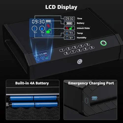 Miniatura 3 de Cajas de seguridad para armas, caja fuerte biométrica para pistolas con pantalla LCD de temperatura y humedad, puerto USB, caja de seguridad