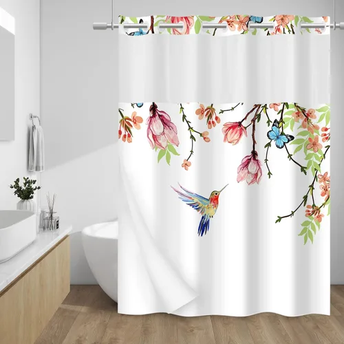 WITHLOC Cortina de ducha sin gancho con forro a presión - Forro interior impermeable de tela, cortinas de ducha lavables de tela con flores rosadas,
