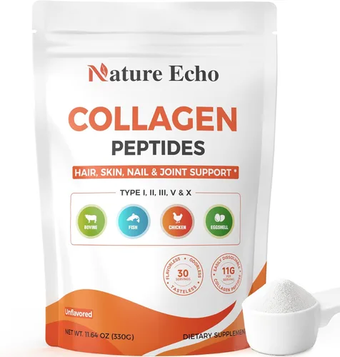 Los péptidos del colágeno del eco de la naturaleza pulverizan los tipos hidrolizados 0.39 oz I II III V X sin sabor 30 porciones