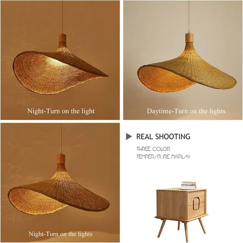 Miniatura 6 de Lámpara colgante de bambú, lámpara de nido de pájaro artístico, sombrero, luz colgante de techo con cable ajustable para sala de estar, comedor, bar