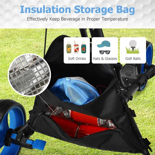 Miniatura 6 de Tangkula Carrito de golf de empuje, carrito de empuje plegable de aluminio ligero de 3 ruedas, carrito de golf con correa elástica, paraguas