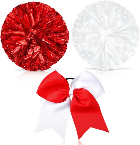 Miniatura 8 de Set de 3 pompones de animadora de 30 cm y gran sujetador de moño de cola de caballo para niña, grandes pompones metálicos de animadora para el Negro