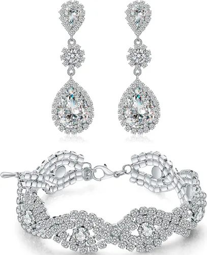 Juego de aretes de diamantes de imitación de plata chapados en oro para boda, novias, damas de honor, piedra de cristal, aretes colgantes, juego de