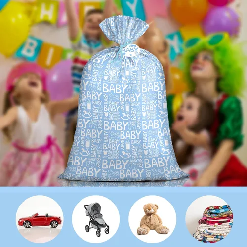 Miniatura 5 de Loveinside Bolsa de regalo jumbo azul grande de plástico, bolsa de plástico con diseño de niña con etiqueta y lazo para cumpleaños, baby shower