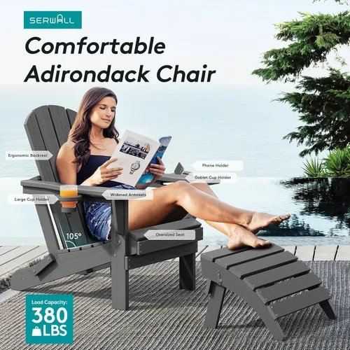 Miniatura 6 de SERWALL Silla Adirondack plegable, Silla Adirondack HDPE con textura de madera - gris