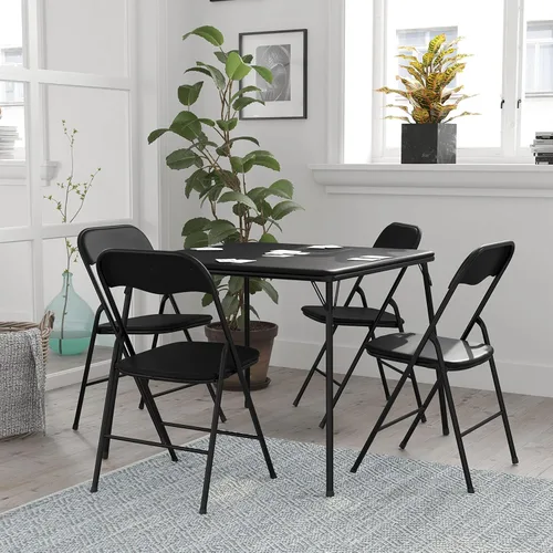 HBCY Creations Juego de mesa y silla plegables comerciales de 5 piezas, mesa de vinilo negro, marcos de metal negro, asientos para 4