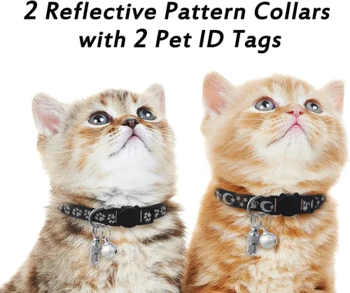 Miniatura 5 de LLHK Paquete de 2 collares de gato separables y 2 etiquetas de nombre, collar de seguridad reflectante para gatito con campana, para gatos machos