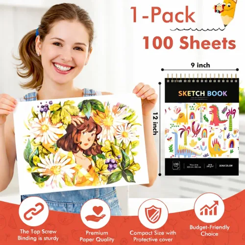Miniatura 5 de Soucolor Cuaderno de bocetos de 9 x 12 pulgadas, 100 hojas de arte encuadernado en espiral, sin ácidos, libro de dibujo para niños, actividades