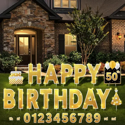 Miniatura 16 de Yerliker 16 piezas de carteles de feliz cumpleaños para patio con estacas, luces LED de 32.8 pies, 42 piezas de adhesivos numéricos, carteles