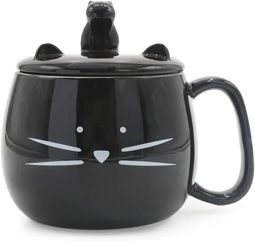 Koolkatkoo Taza de café con diseño de gato de 16 onzas con tapa para teléfono celular, para amantes de los gatos, tazas negras de cerámica únicas,