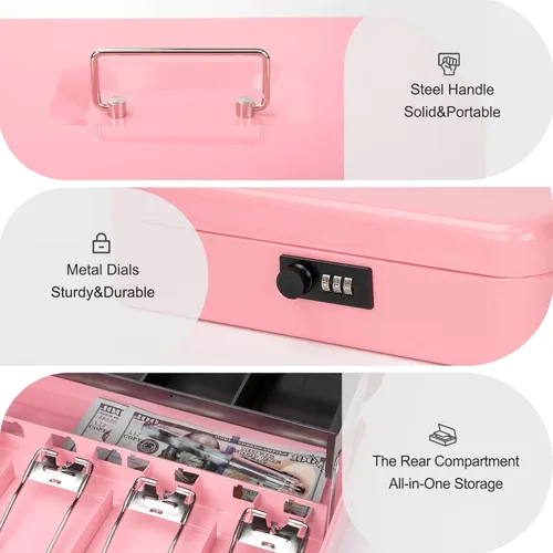 Miniatura 4 de Jssmst Caja de Efectivo con Bandeja de Dinero y Cerradura - Caja de Efectivo Rosa con Cerradura de Combinación Segura Grande, Caja Registradora