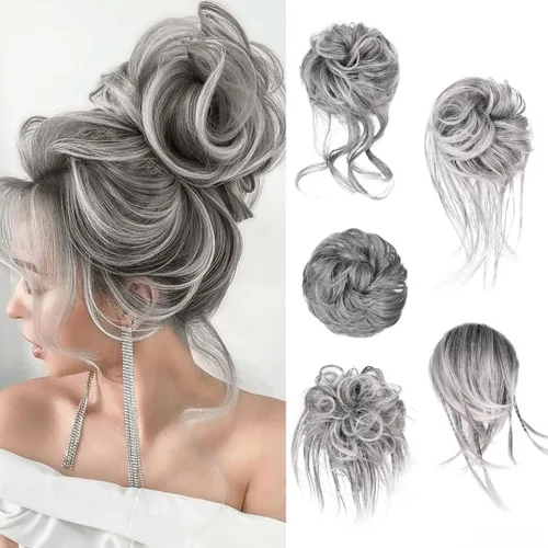 Miniatura 22 de 5 piezas de extensiones de cabello para moños desordenados con banda elástica de goma para mujeres, extensiones de cola de caballo con horquillas