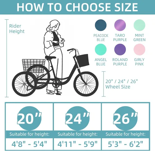 Miniatura 6 de Triciclos para adultos para adultos, triciclos para adultos de 7 velocidades, bicicleta de 3 ruedas de 20/24/26 pulgadas con canasta, bicicletas