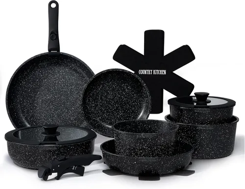 Miniatura 20 de Country Kitchen Juego de utensilios de cocina con mango extraíble, juego de ollas y sartenes aptas para horno y caravana, mango de madera moteada