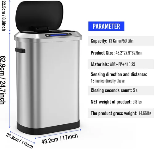 Miniatura 3 de Cubo de basura inteligente automático plateado de 13 galones de 50 litros con tapa para cocina, oficina, dormitorio, cubo de basura y más, cuerpo