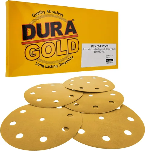 Dura-Gold Discos de lijado dorados de 5 pulgadas de alta calidad, grano 320 (caja de 50), papel de lija de 9 agujeros sin polvo con gancho y bucle