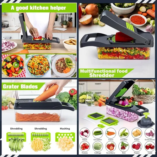Miniatura 6 de Picadora de verduras y espiralizador profesional 16 en 1 – Picadora de alimentos de varias cuchillas con recipiente, picadora de cebolla, cortador