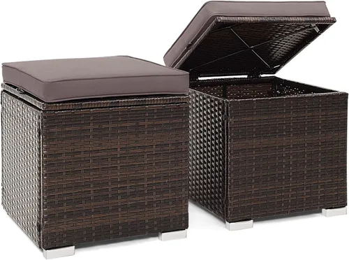 Miniatura 15 de Tangkula - 2 asientos otomanos de patio, mesa lateral de ratán PE tejido a mano de Patiojoy con cojín extraíble y espacio de almacenamiento oculto