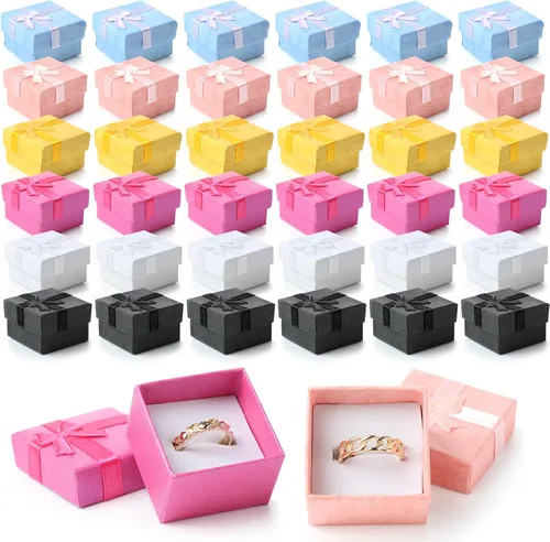 Miniatura 13 de Bucherry 72 cajas de anillos de 1.6 x 1.6 pulgadas, caja de joyería de cartón duro con lazo de cinta, pequeñas cajas de regalo para pequeñas Negro
