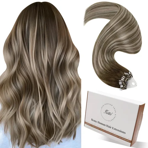 Miniatura 46 de Hetto Extensiones de cabello humano con nano cuentas, balayage, extensiones de cabello humano, color negro degradado a plateado, extensiones