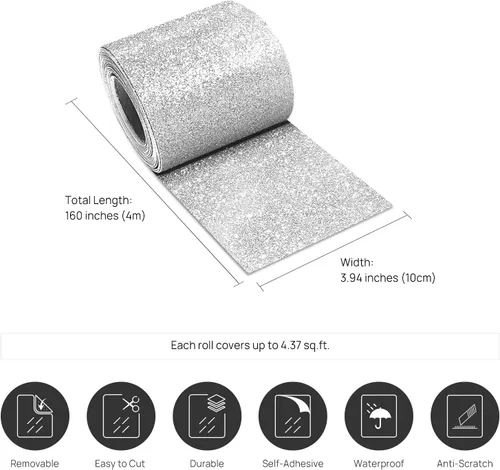 Miniatura 2 de Stickyart Papel tapiz plateado con borde autoadhesivo para pared, despegar y pegar, tela con purpurina extraíble, borde decorativo para dormitorio