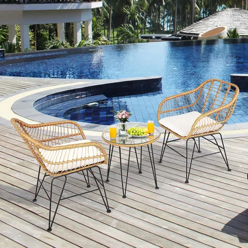 Miniatura 3 de Tangkula Juego de 3 piezas de patio bistró, juego de conversación de ratán con 2 sillones acolchados y mesa de centro redonda de cristal, juego