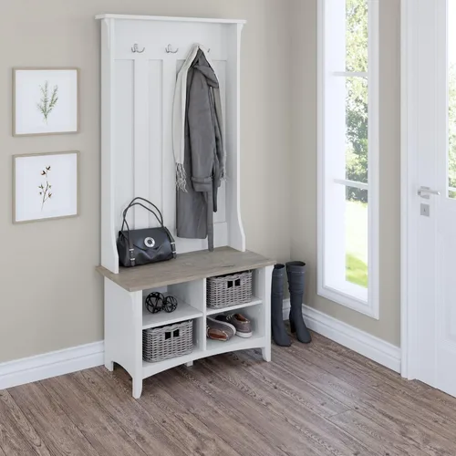 Miniatura 2 de Bush Furniture Salinas Hall Árbol con banco de almacenamiento de zapatos, blanco puro y gris Shiplap Shiplap Gris/Blanco Puro