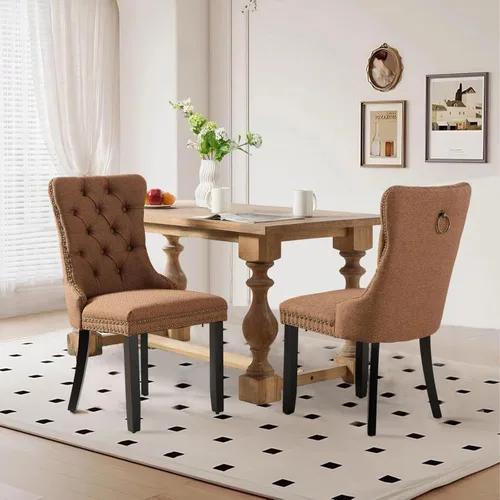 Miniatura 81 de SoarFlash Juego de 2 sillas de comedor de tela de lino, sillas de comedor tapizadas con ribete de cabeza de clavo y patas de madera de color claro