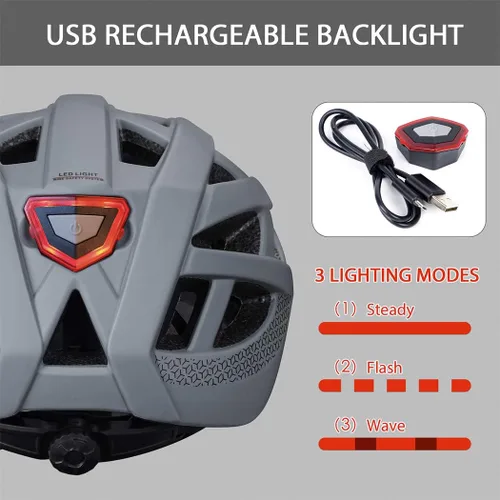 Miniatura 4 de Casco de bicicleta para adultos, hombres y mujeres, con luz - Casco de bicicleta de montaña y carretera con almohadillas de repuesto y visera Gris