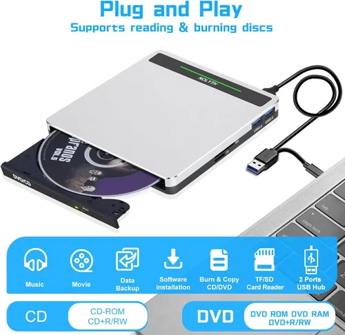 Miniatura 9 de Unidad de CD externa para portátil: USB 3.0 USB C DVD ROM quemador portátil - reproductor óptico de CD/DVD con puertos SD/TF/2 USB compatible