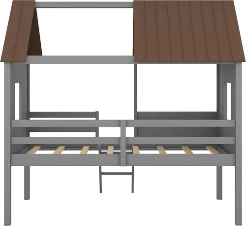 Miniatura 7 de Quarte Fun House - Cama con techo y dos ventanas laterales, cama baja de madera tamaño individual con escaleras pequeñas y barandilla, para niños