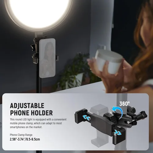 Miniatura 7 de NEEWER Basics Anillo de luz circular grande de 12 pulgadas y 24W con soporte de 68 pulgadas/soporte para teléfono/control remoto para grabación