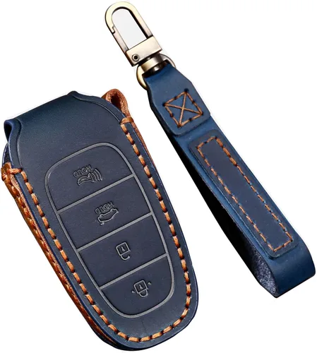 ontto Funda inteligente para llave de automóvil con 4 botones con llavero de piel de protección completa para Hyundai Sonata 2020 2021, color azul