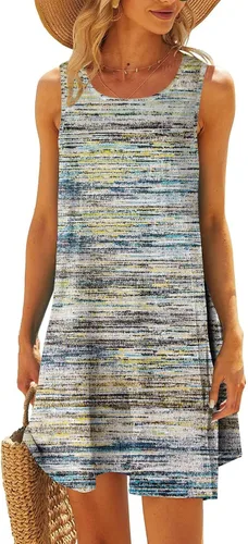 Miniatura 4 de Vestidos fluidos para mujer, vestido casual de verano con estampado de rayas y cuello redondo sin mangas