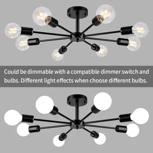 Miniatura 5 de Lámpara de Techo Semiempotrada de 23.62'', Candelabro Moderno de 8 Luces Negro para Sala de Estar, Candelabro de Luces Sputnik para Dormitorio