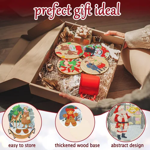 Miniatura 7 de XEFINAL Posavasos de Pinturas de Arte de Diamantes Vintage de Navidad Posavasos de Pintura de Arte de Diamantes con Soporte DIY Kits de Pintura