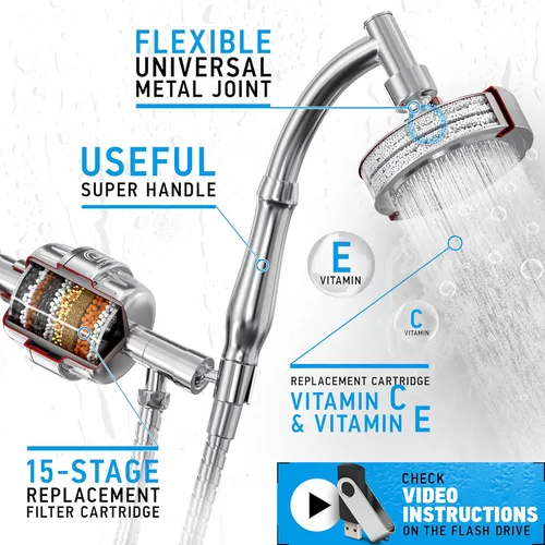 Miniatura 3 de Cabezal de ducha de mano con filtro, filtración de 15+2 etapas para agua importada, vitamina C y E infundida con efecto SPA, cabezal de alta presión