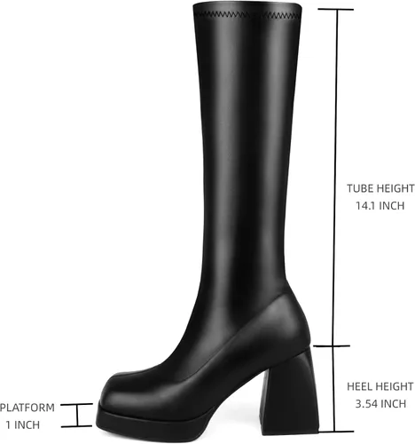 Miniatura 6 de STALOV Botas Gogo de plataforma para mujer, hasta la rodilla, punta cuadrada, botas altas de tacón grueso, botas largas de cuero elástico