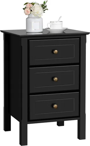 Miniatura 10 de Yaheetech Mesita de noche con 3 cajones, mesita de noche de madera de 3 cajones con patas de madera maciza, armario mesita de noche organizador
