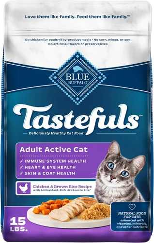 Blue Buffalo Tastefuls - Comida seca natural para gatos adultos activos, receta de pollo y arroz integral, bolsa de 15 libras